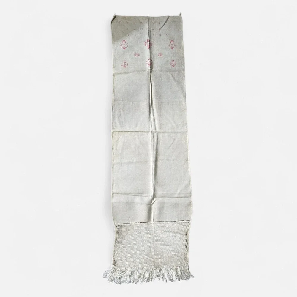 Antique 1836 Mary Crout Hand-Stitched Show‎ Towel Linen Red Embroidery Macrame